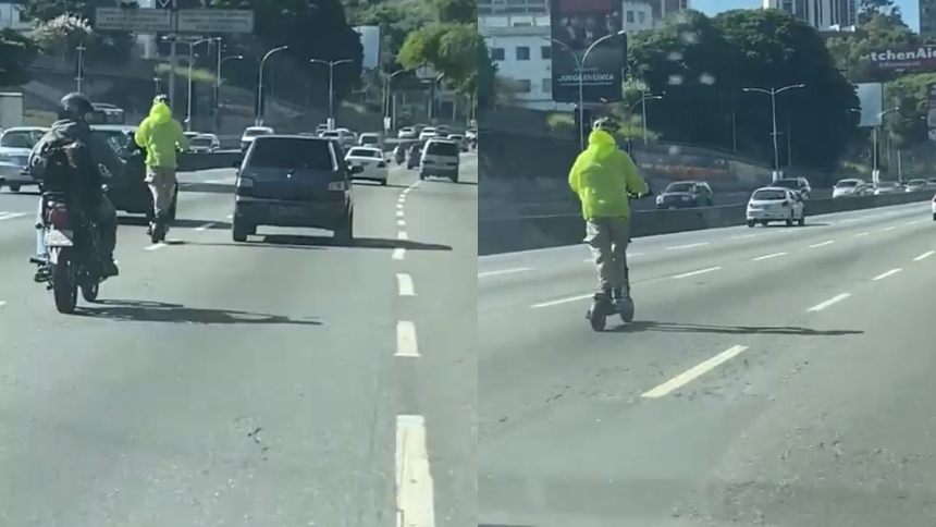 Un hombre en patineta eléctrica se volvió viral por esquivar peligros y circular por la carretera de Prados del Este