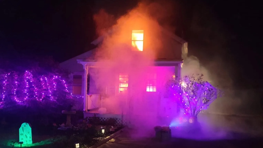 Los bomberos llegaron para apagar un gran incendio en una casa... ¡resultó ser un accesorio de Halloween!