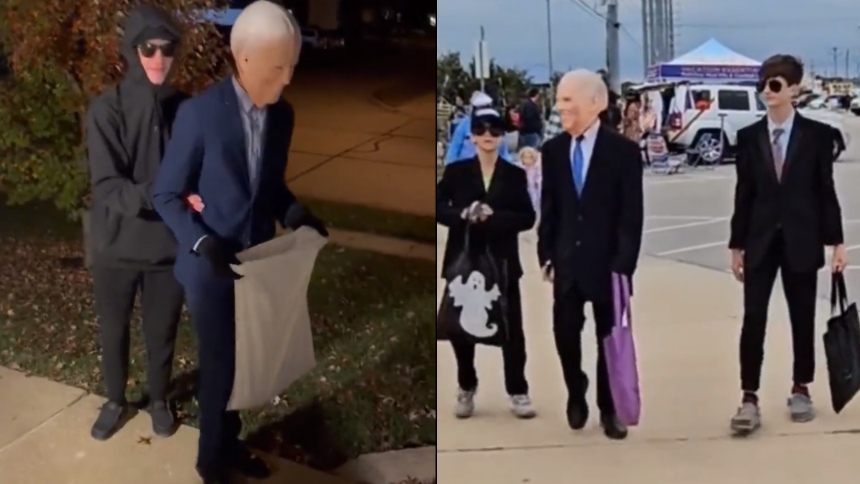 Disfraz de Joe Biden que se volvió viral en Halloween, con caídas incluidas