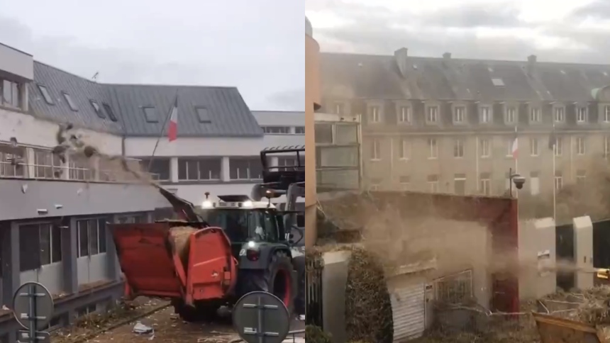 Agricultores enojados bombardean con toneladas de estiércol oficinas gubernamentales en Francia
