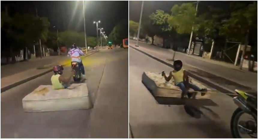 Jóvenes ataron un colchón a una moto para andar por las calles de Colombia y se volvieron virales