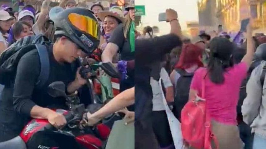 La trifulca que se desató durante la Marcha de las Mujeres en México entre un motociclista y manifestantes